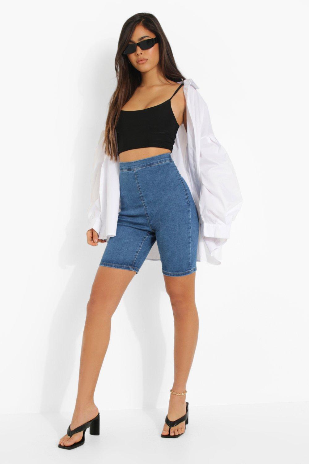 Short cycliste en jean taille haute